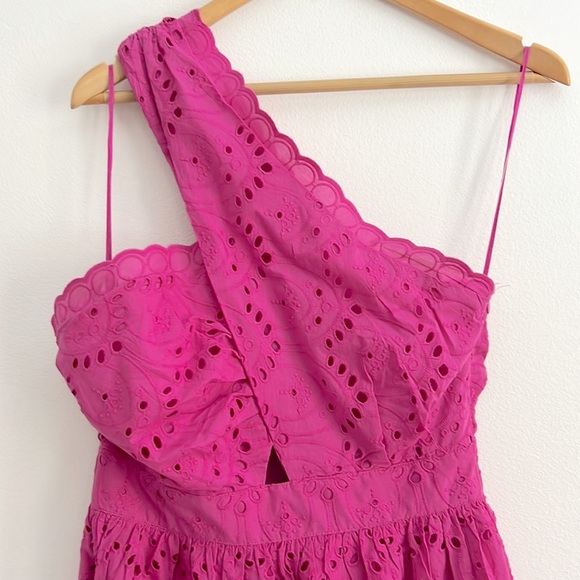 French Connection Appelona One Shoulder Cut-Out Midi Dress Pink Eyelet NWOT - Picture 6 of 16